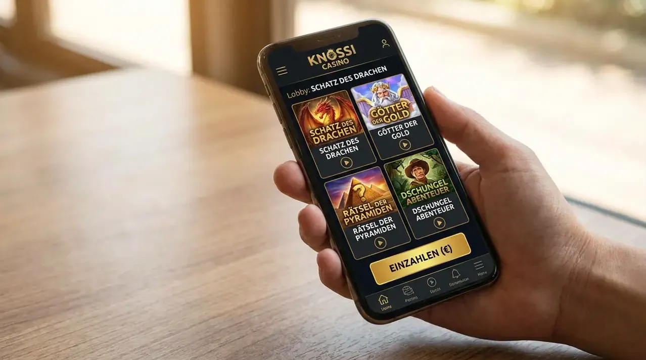Smartphone mit der mobilen Version von Knossi Casino auf einem hellen Tisch.