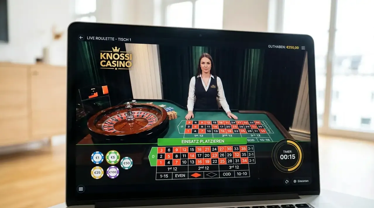 Live-Dealer-Roulette auf einem Laptop-Bildschirm im Live-Casino von Knossi Casino.