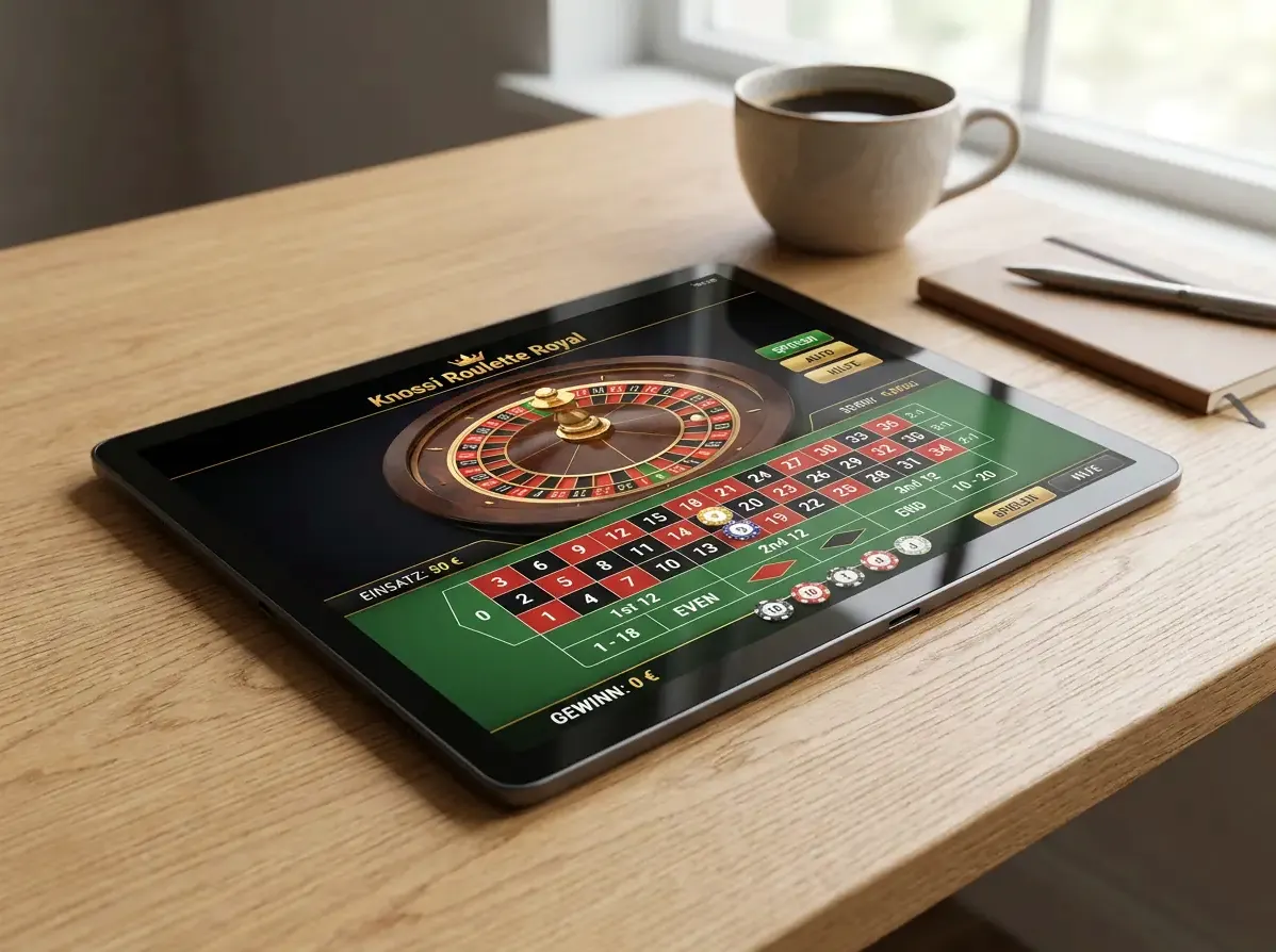 Tablet mit Online-Roulette auf einem Eichentisch auf der Über-uns-Seite von Knossi Casino.