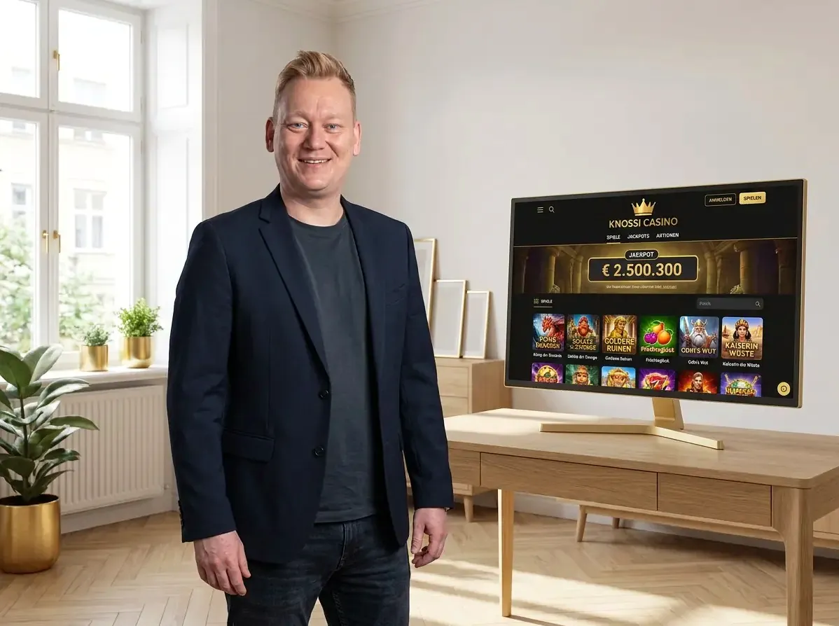 Knossi in einem hellen Raum neben einem Monitor mit der Spiel-Lobby von Knossi Casino.